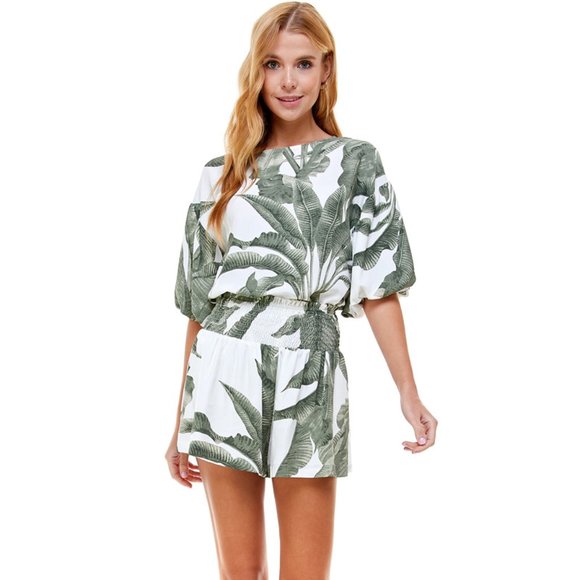 TCEC | NWOT |  Bubble Sleeves Palm Tree Top | S | Green - Picture 3 of 5